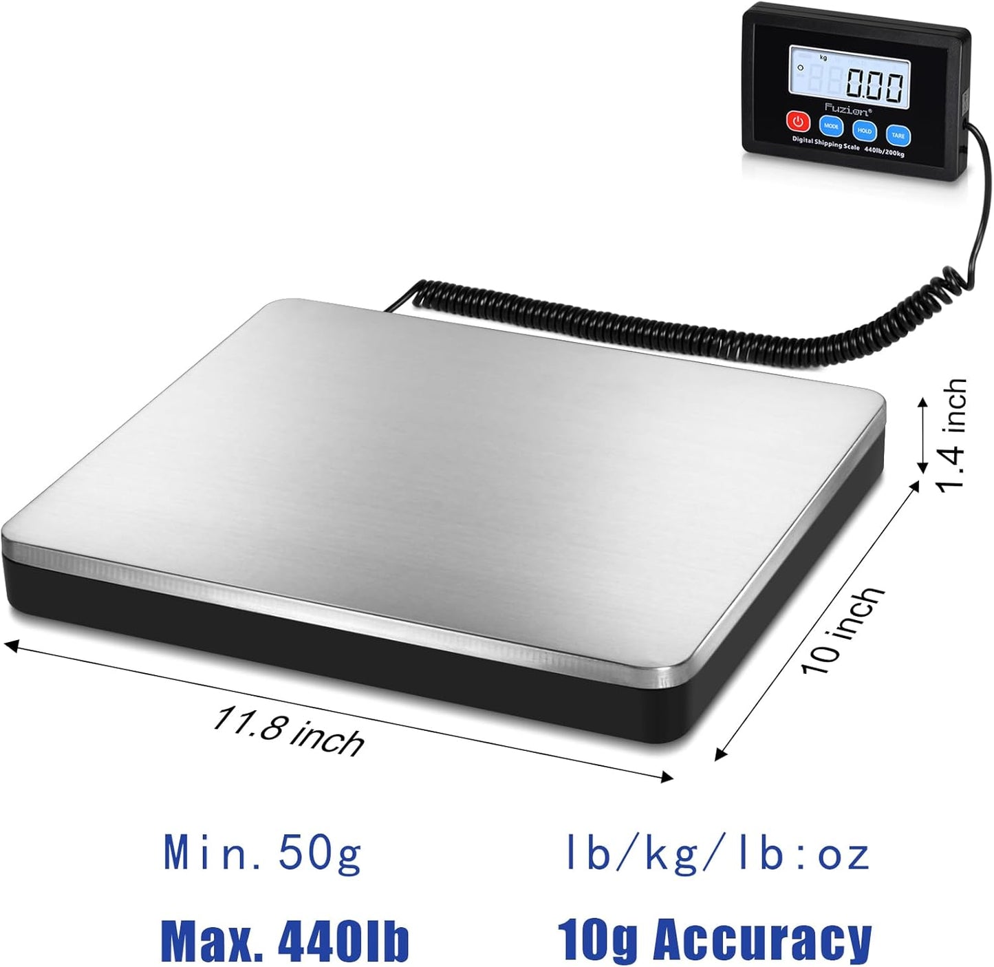 Fuzion Shipping Scale 440lb x 10g Accuracy, Postal Scale with Hold/Tare, Digital Shipping Scale for Packages Small Business, Luggage, Battery & AC/DC Adapter