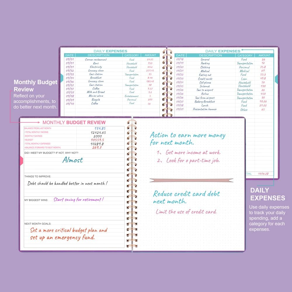 Budget Planner - 8" x 9.5" Monthly Budget Book with Expense Tracker Notebook, 2023-2024 Budgeting Book and Financial Planner to Control Your Money. Large Size, PU Leather, Purple