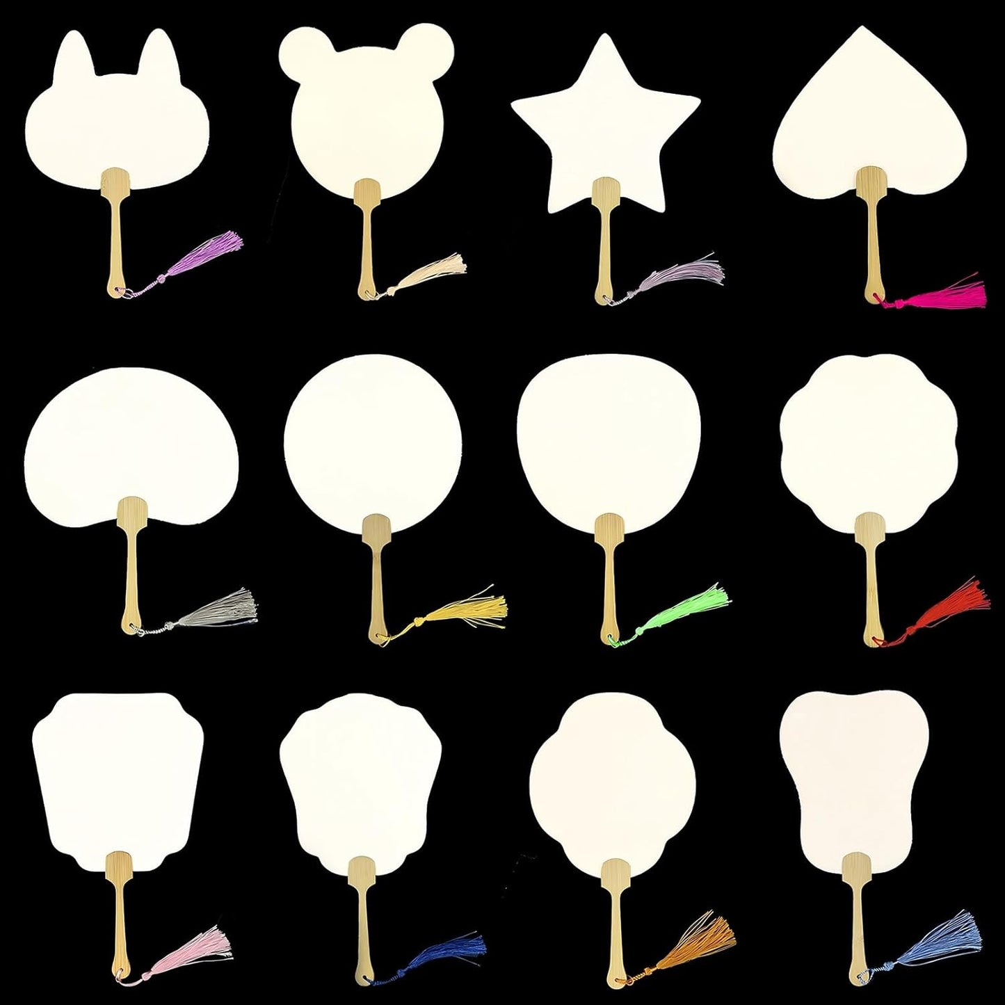 12-Pack DIY Craft Fan Blanks for Mixed Media Art, Resin & Acrylics - Dual-Sided Xuan Paper with PVC Core, Gift-Ready with Silk Tassels - Wedding Décor, Hanfu Styling, Cultural Gifting