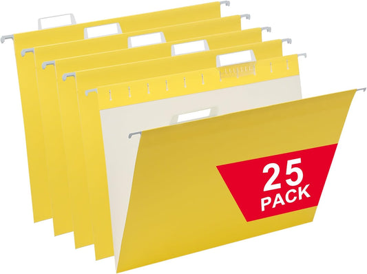 Yellow Hanging File Folders,25 Packs Letter Size File Folder,Designed for Bulky Files,Filing Cabinet,1/5 Adjustable Tabs for Office,School,Home