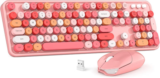 Wireless Keyboard and Mouse Combo, MOWUX Colorful Computer Full Size 2.4G Plug and Play Wireless Typewriter Keyboard and Mouse Set for Windows, Computer, Desktop, PC, Notebook (Pink Colorful)