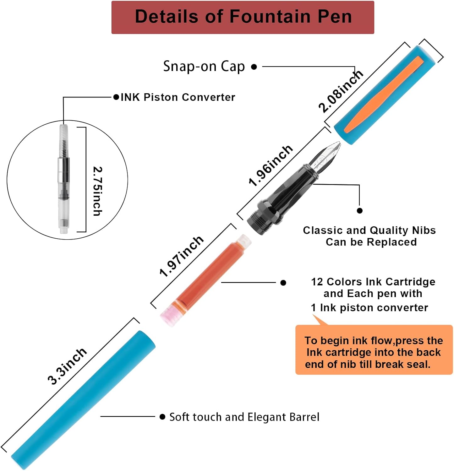 Calligraphy Pen Set,Fountain Pens with 7 Different Replaceable Nibs with 60 Ink Cartridges(12 Colors),Calligraphy Set for Beginner Writing Drawing