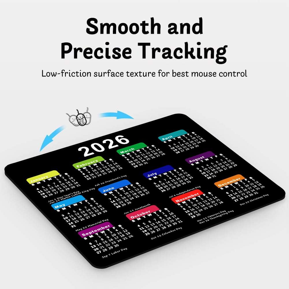 2026 Calendar Mouse Pad with Holidays, Computer Mousepad with Non-Slip Rubber Base, Mouse Pads for Computers Laptop Mouse 9.6 x 7.9 inch(Black)