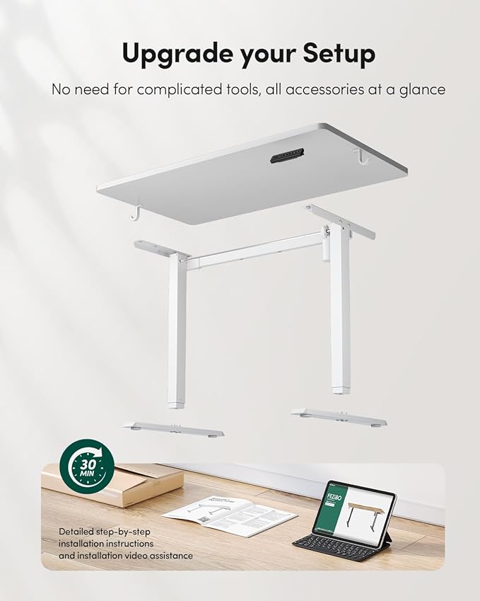 FEZIBO One-Piece Standing Desk Adjustable Height Stand up Home Office Desk, 32x24 Inch Electric Standing Computer Desk, with 4 Memory Presets, Fixable casters, White