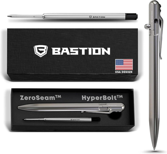 BASTION® Luxury Slim Bolt Action Pen, Durable EDC Pen with Fine Tip, Professional Ballpoint Pen for School and Work - Stainless