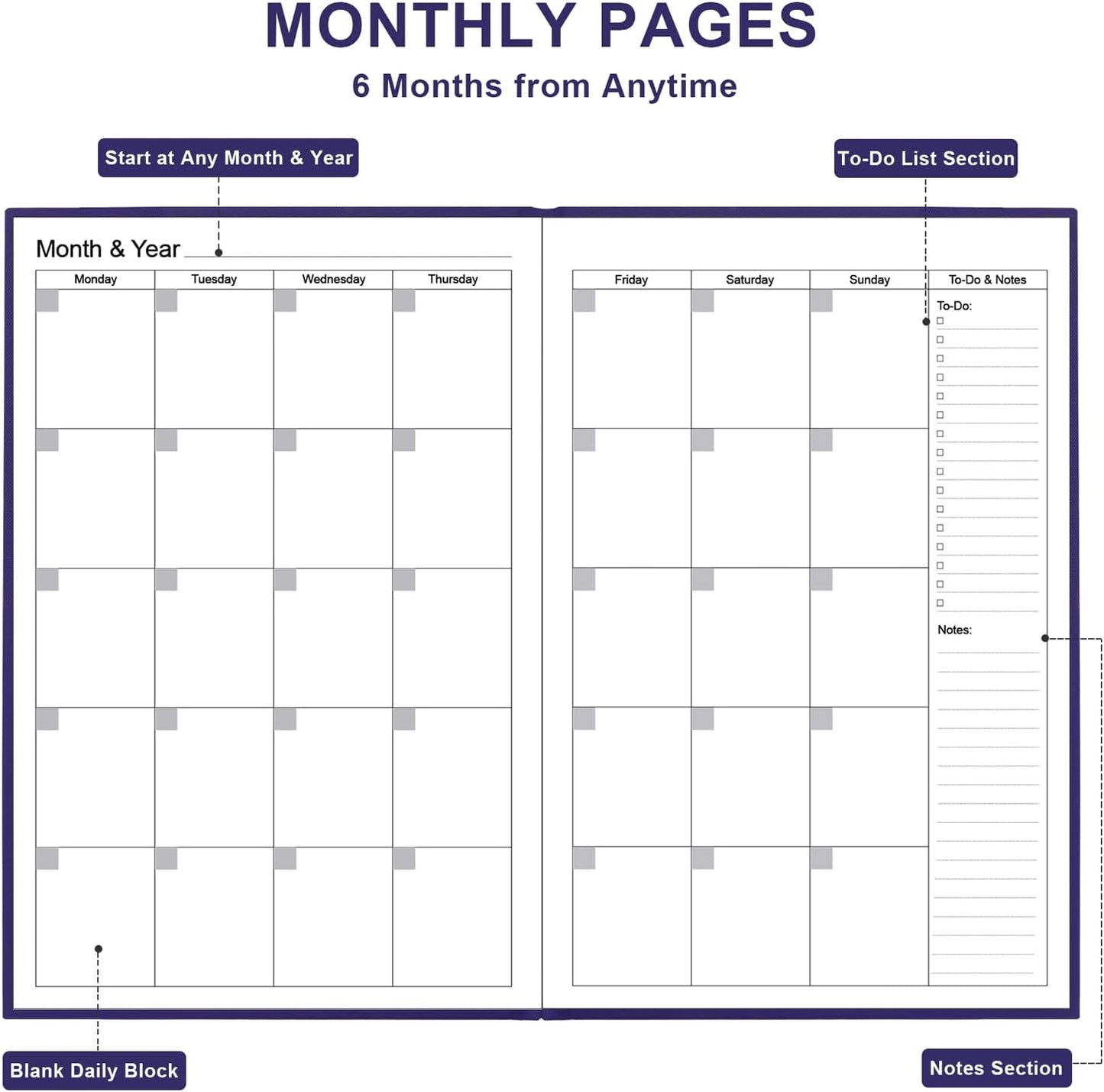 Daily & Monthly Planner for 2025 2026 or Anytime - ADHD Planner Two Pages Per Day, Daily Planner Undated to Increase Focus, Eliminate Overwhelm, Achieve Your Biggest Goals, 5.8'' × 8.3'', Purple