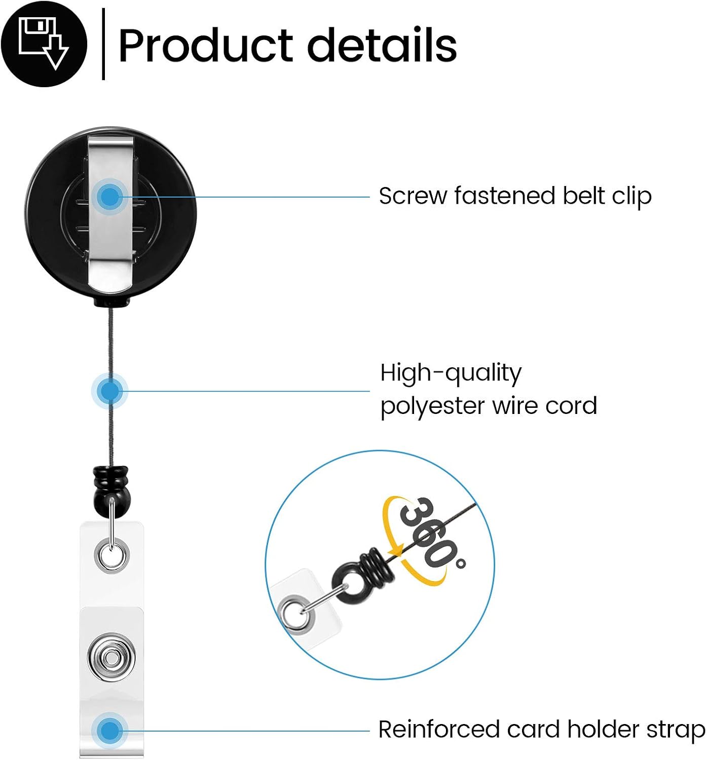 Zonon 100 Pcs Retractable Badge Reel Clips ID Card Holder Reel with Metal Belt Clip for Hanging Cards Key Chains, Name Badge Holders for Nurses Teachers Students(Black)