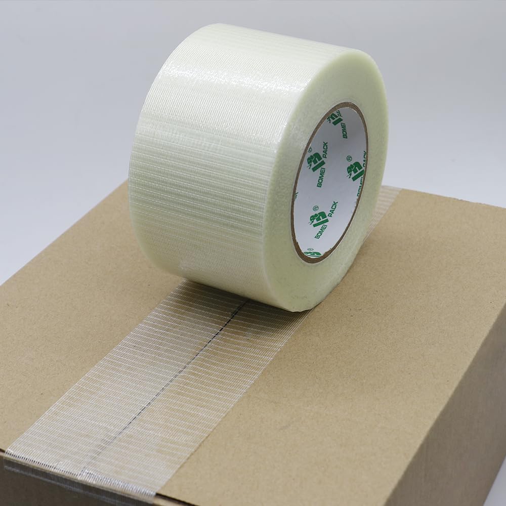 BOMEI PACK Fiber Reinforced Packing Tape 3 inch, Wide Clear Heavy Duty Bi Directional Filament Strapping Tape 3Inch x 55yds 6.7Mil, Total 4Rolls 220yds