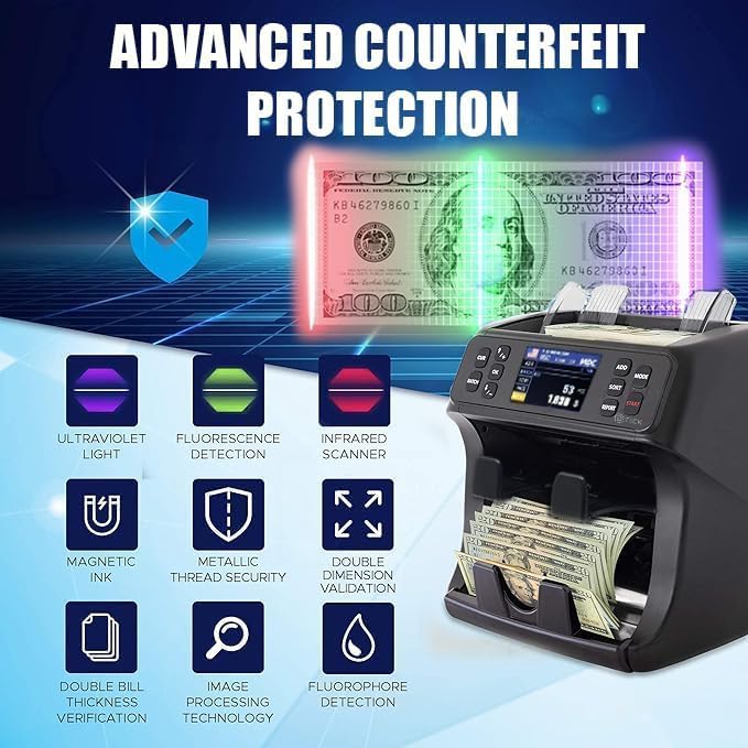 DETECK DT800 Bank Grade Mixed Denomination Money Counter with Reject Pocket, Multi Currency, Bill Counter 2CIS/UV/IR/MG/MT Counterfeit Detection, Cash Counter Serial Number, Printer Enabled