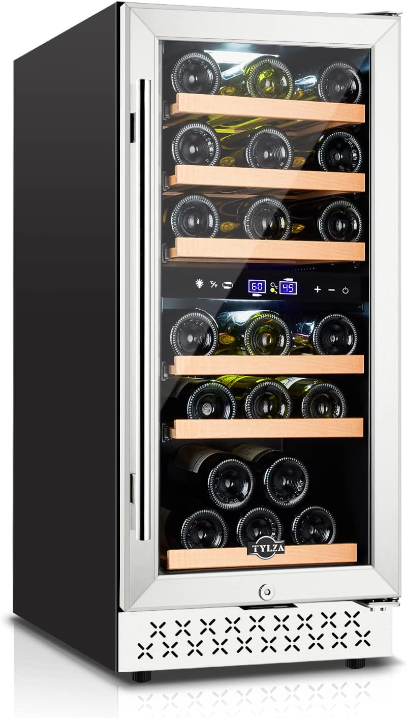 Tylza Mini Fridge 15 Inch Wine Cooler Under Counter, 33 Bottle Dual Zone Wine Fridge with Stainless Steel, Wine Refrigerator Freestanding, Built-in Wine Cellars