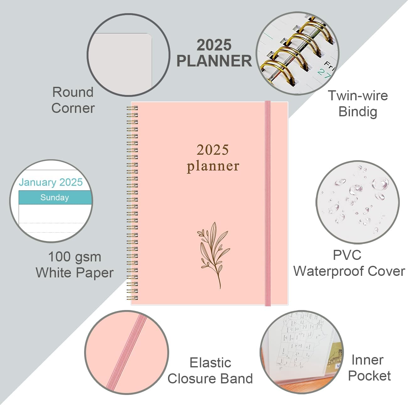 2025 Planner - Planner 2025 from January 2025 to December 2025 with 12 Monthly Tabs, Flexible Cover, Inner Pocket, 8.5" x 11", Pink