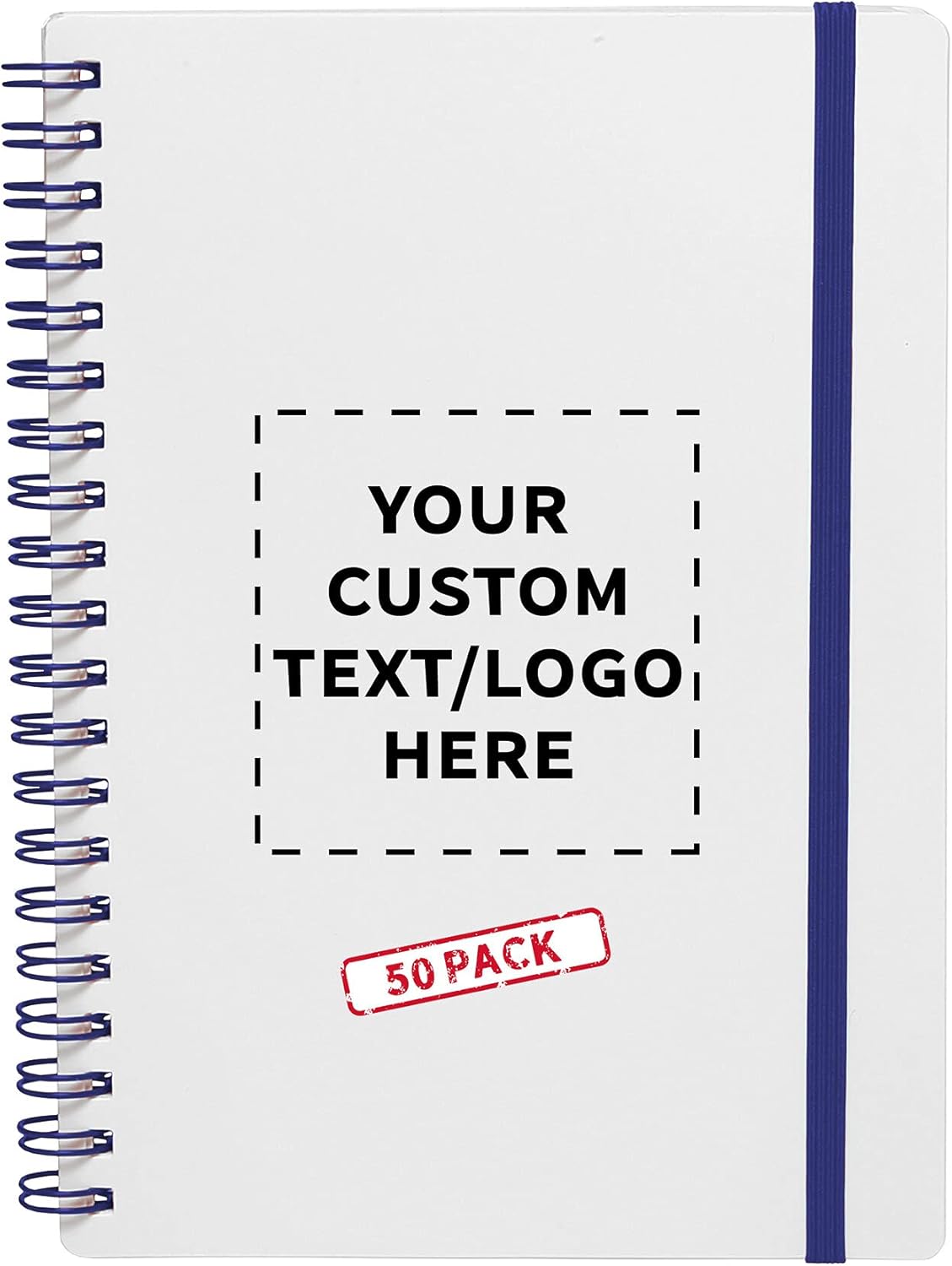 50 White Spiral Notebooks with Elastic Band Pack - Customizable Text, Logo - 80 lined pages, Recycled - Blue