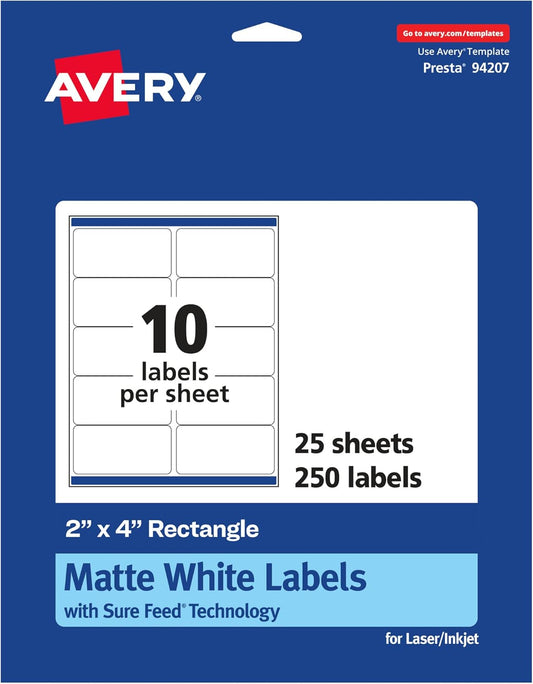 Avery Matte White Rectangle Labels, Sure Feed Technology, 2" x 4", 250 Matte White Printable Labels