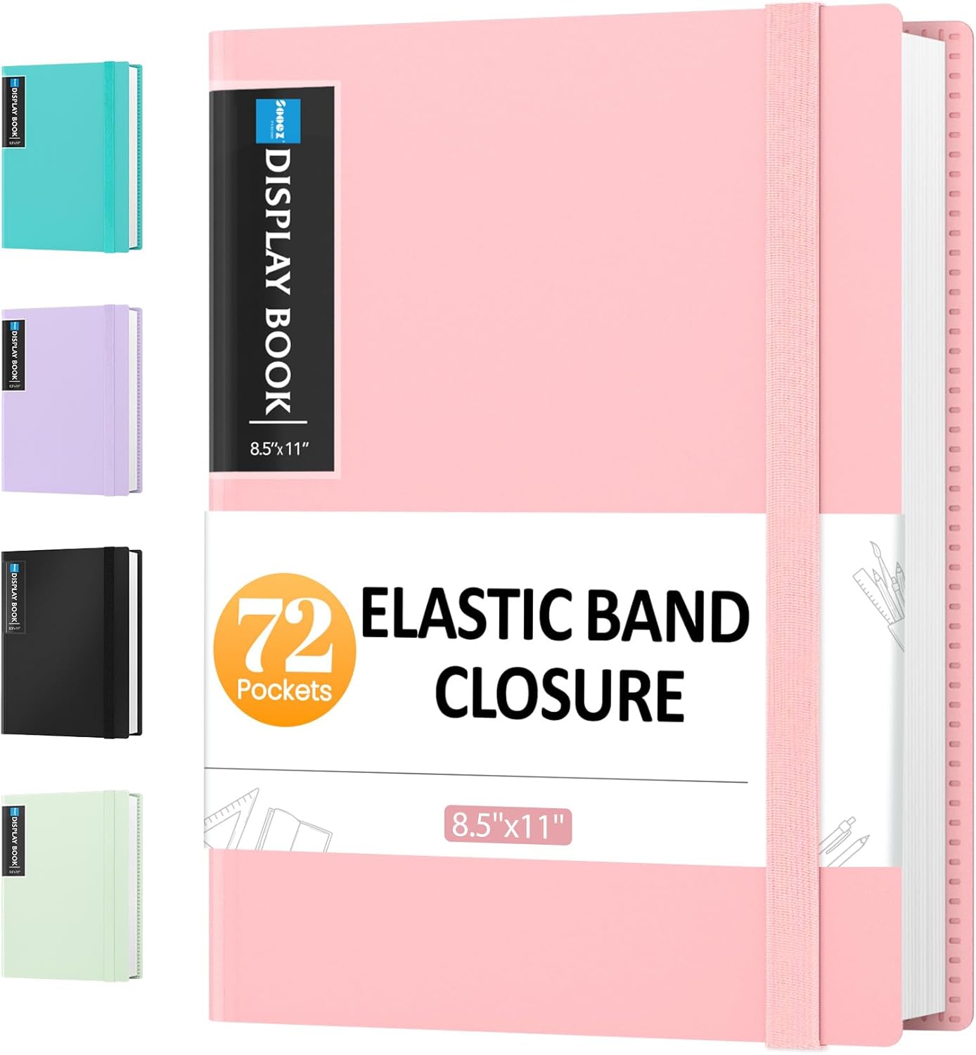 Sooez 72 Pocket Binder with Plastic Sleeves & Elastic Band, Large Capacity 8.5x11 Presentation Book Display 144 Pages, Art Portfolio Document Folder with Clear Sheet Protectors for Office School