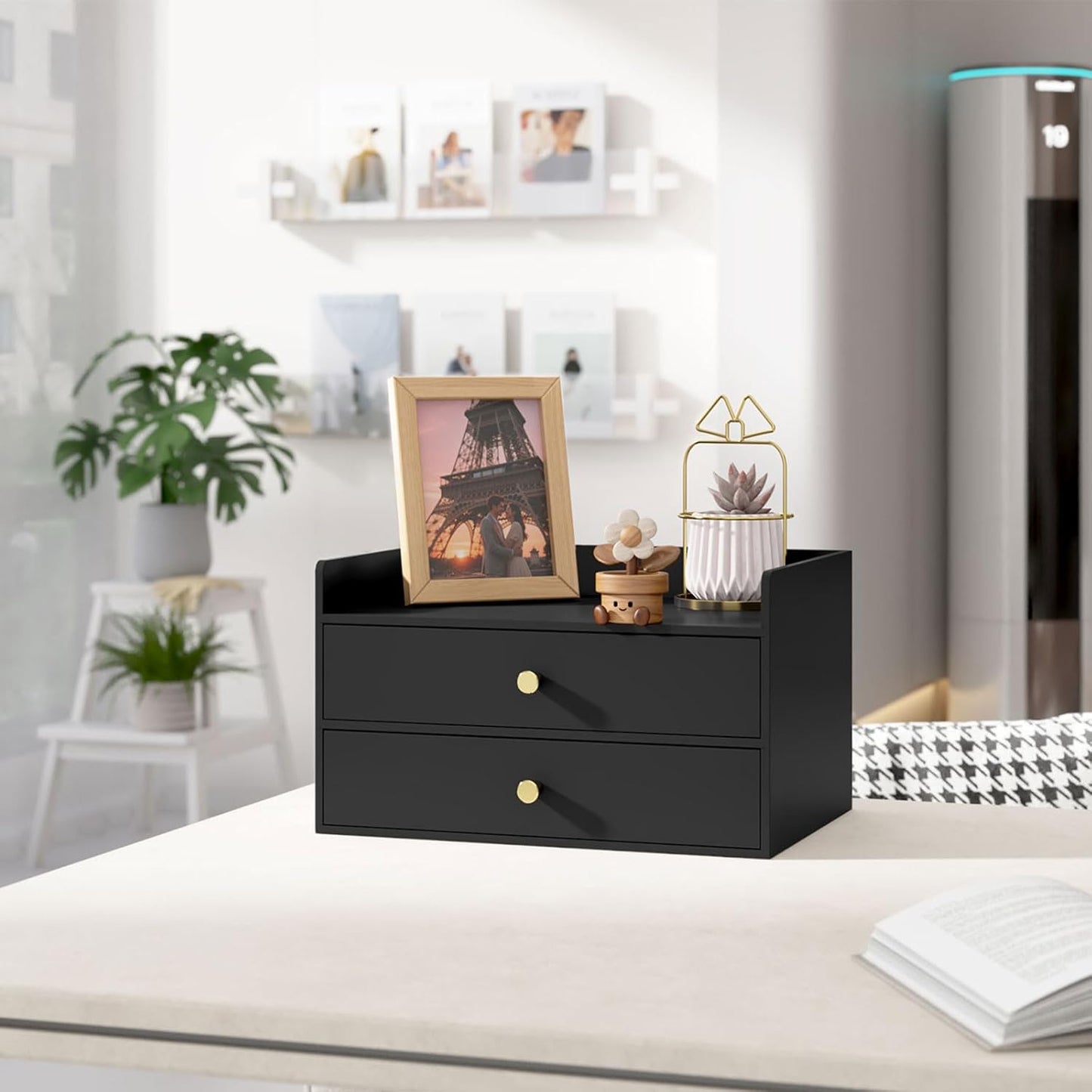 Bamboo Desk Organizer with Drawers Wooden Desktop Storage Organization Box for Bills Office Supplies Kitchen Utensils Organizing Tool for Home Classroom Vanity, No Assembly Required (2 Drawers, Black)