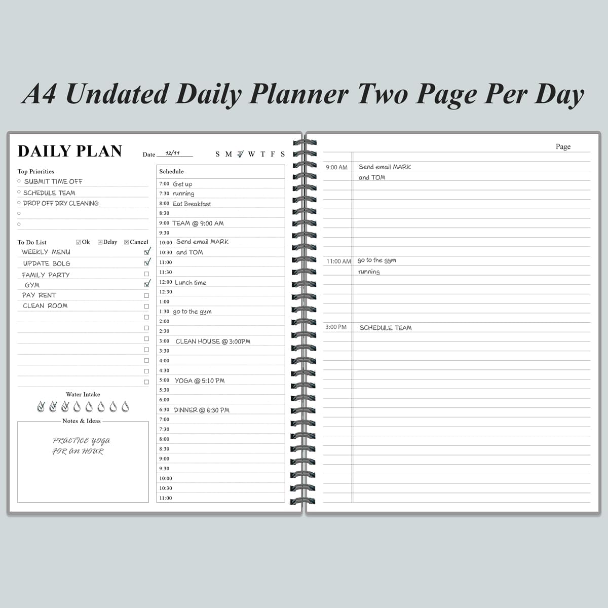 Daily Planner Undated - A4 To Do List Notebook Hourly Schedules, Spiral Appointment Planner for Women and Men,PVC Hardcover, Inner Pocket, Elastic Closure, 8.5" x 11", Grey