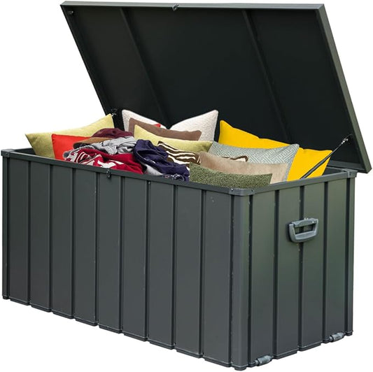 Domi Outdoor Storage Deck Box 120 Gallon, Waterproof Lockable Steel Outdoor Storage Container for Outside Cushions, Garden Tools and Pools Equipment, Gray