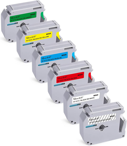 6Pk P Touch M Tape Work with PT-65 PT-70 PT-70BM PT-M95 PTM95 Replace with Brother P Touch M Tape 12mm 0.47 M-K 131 M-K231s 431s 531s 631s 731s for Brother PTouch PT-45 PT-80 PT-90,8m 26.2ft