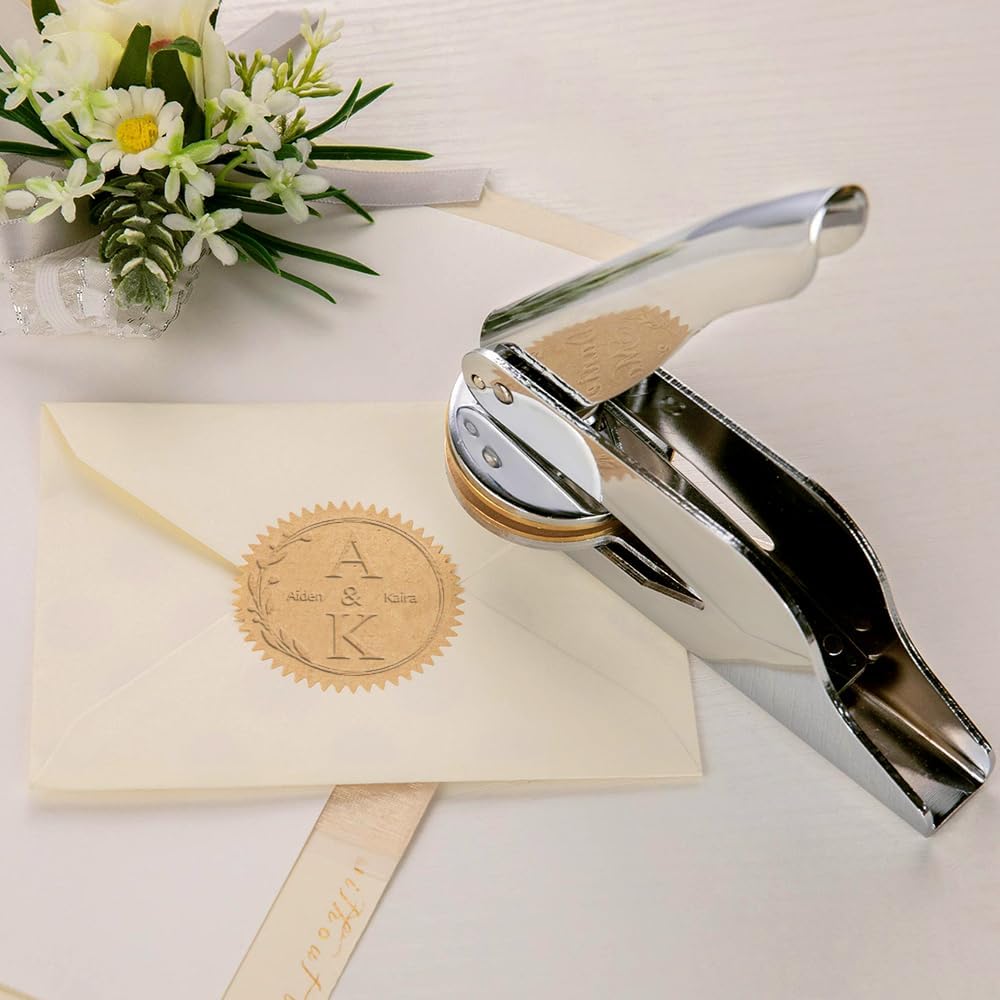 CALLIE Wedding Embosser Personalized - Stainless Steel & Brass Handheld Stamp for Couples' Names or Initials - Embosser Wedding Stamp Gifts