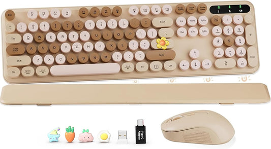 Wireless Keyboard and Mouse Combo, Round Keycaps, Full-Size Retro Typewriter Keyboard with Detachable Wrist Rest, Sleep Mode & Tilt Legs, 2.4GHz Cordless Connection for Mac/Windows/PC (Latte)