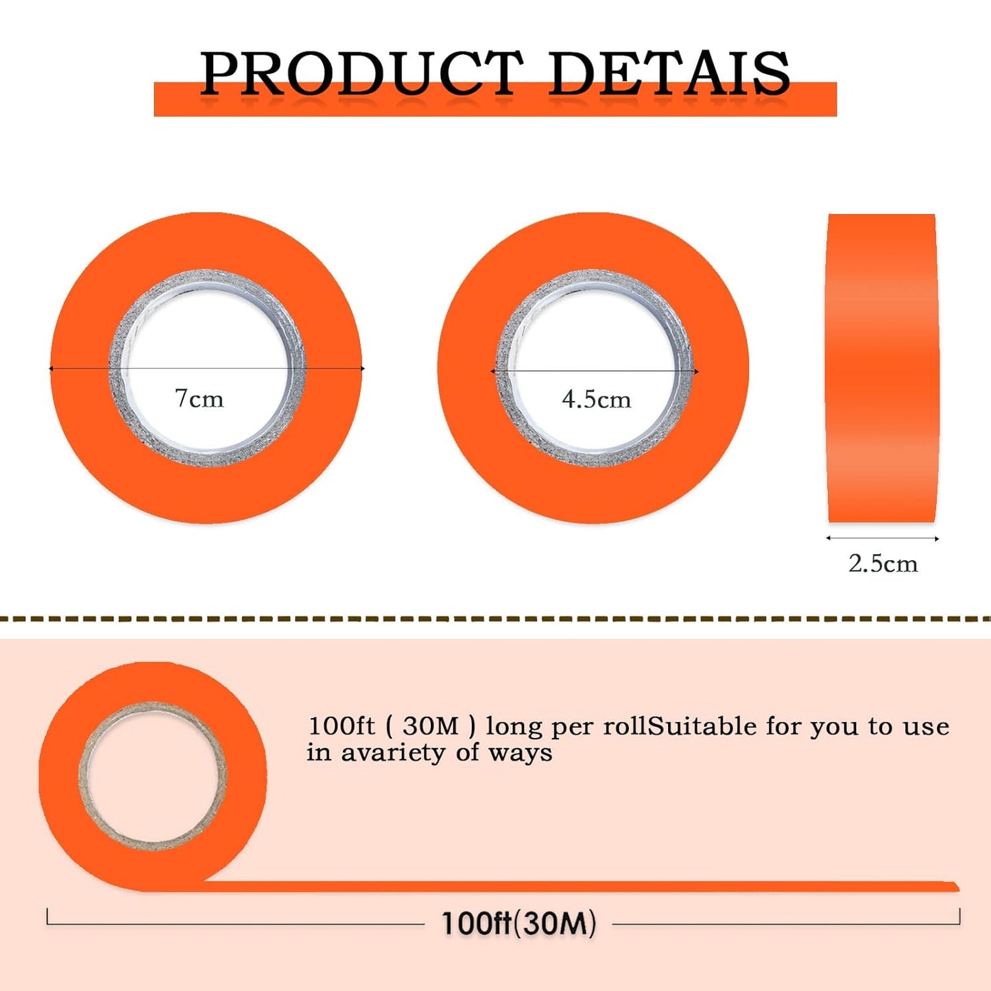 6 Pack Orange Flagging Tape, Non-Adhesive Plastic Ribbon Neon Marking Roll,1inch*600ft, Marking Tape for Tree Marking, Hunting, Boundaries Hazardous Areas,Trail Marking, Workplace Use