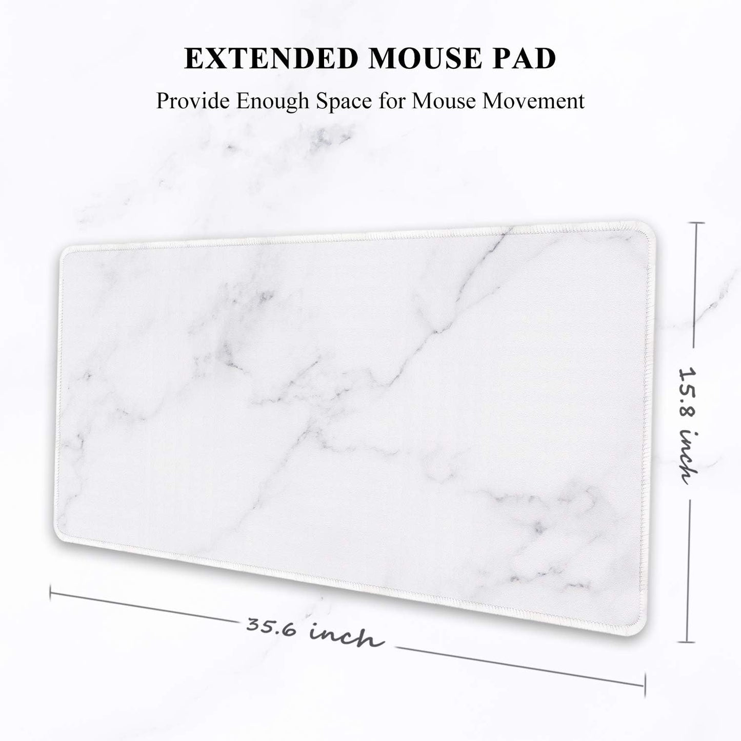 Auhoahsil Large Gaming Mouse Pad, Marble Theme XXL 35.4 x 15.7 in Desk Pad Stitched Non-Slip Rubber Long Computer Mousepad Thin Extended Full Size Desk Mat for Desktop, Laptop, Wireless Mice, White