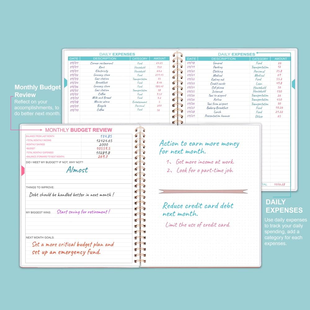 Budget Planner & Monthly Bill Organizer with Pockets. Expense Tracker Notebook, Budgeting Journal and Financial Planner Budget Book to Control Your Money, PP Cover, 8" x 9.5" – Teal Watercolor