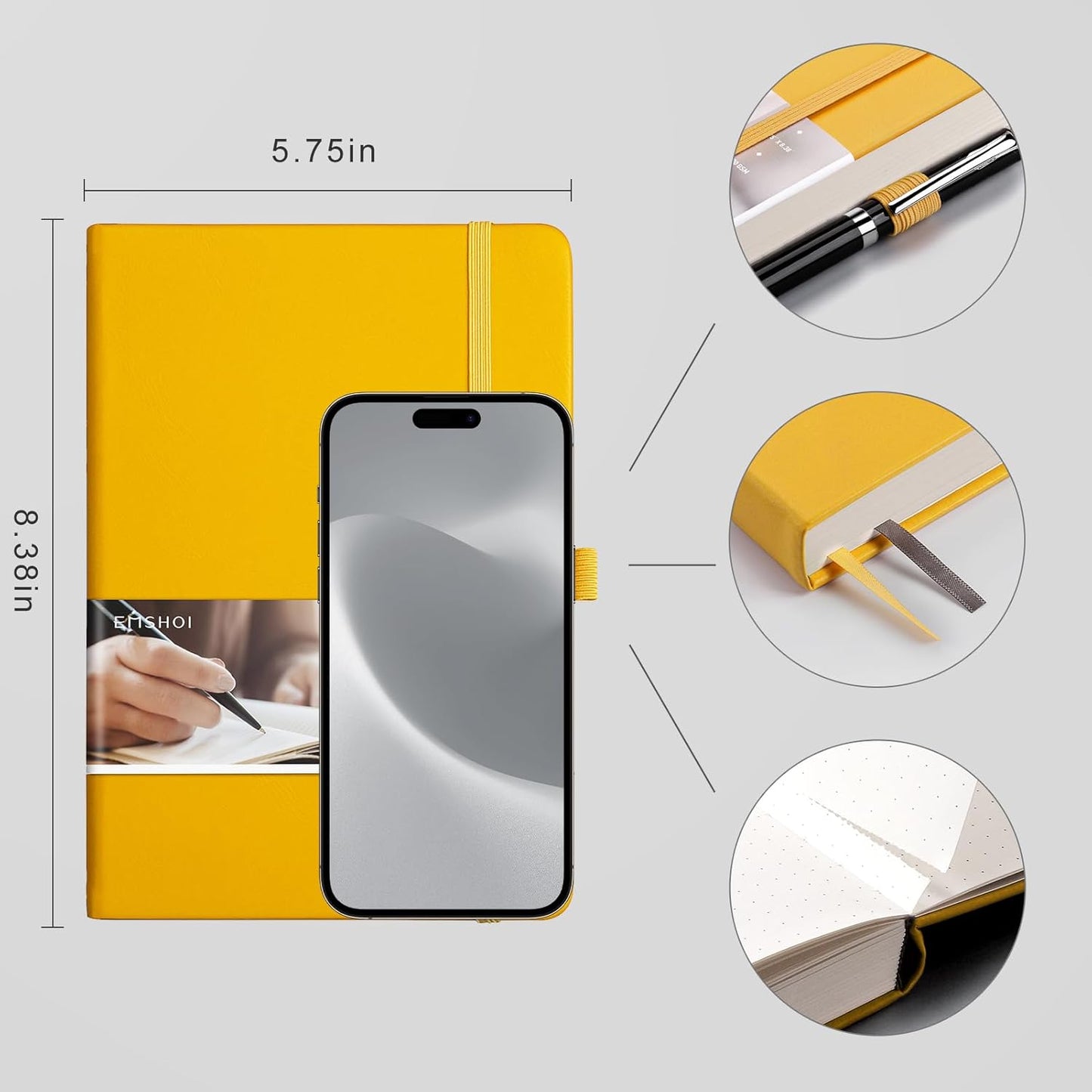 EMSHOI Dotted Journal Bullet Notebook, 256 Pages 120gsm Thick Dot Grid Notebook, A5 Hardcover Leather Journal with Stencils, 16 Perforated Pages, Pen Loop, Inner Pocket, 5.75"x8.38"-Yellow