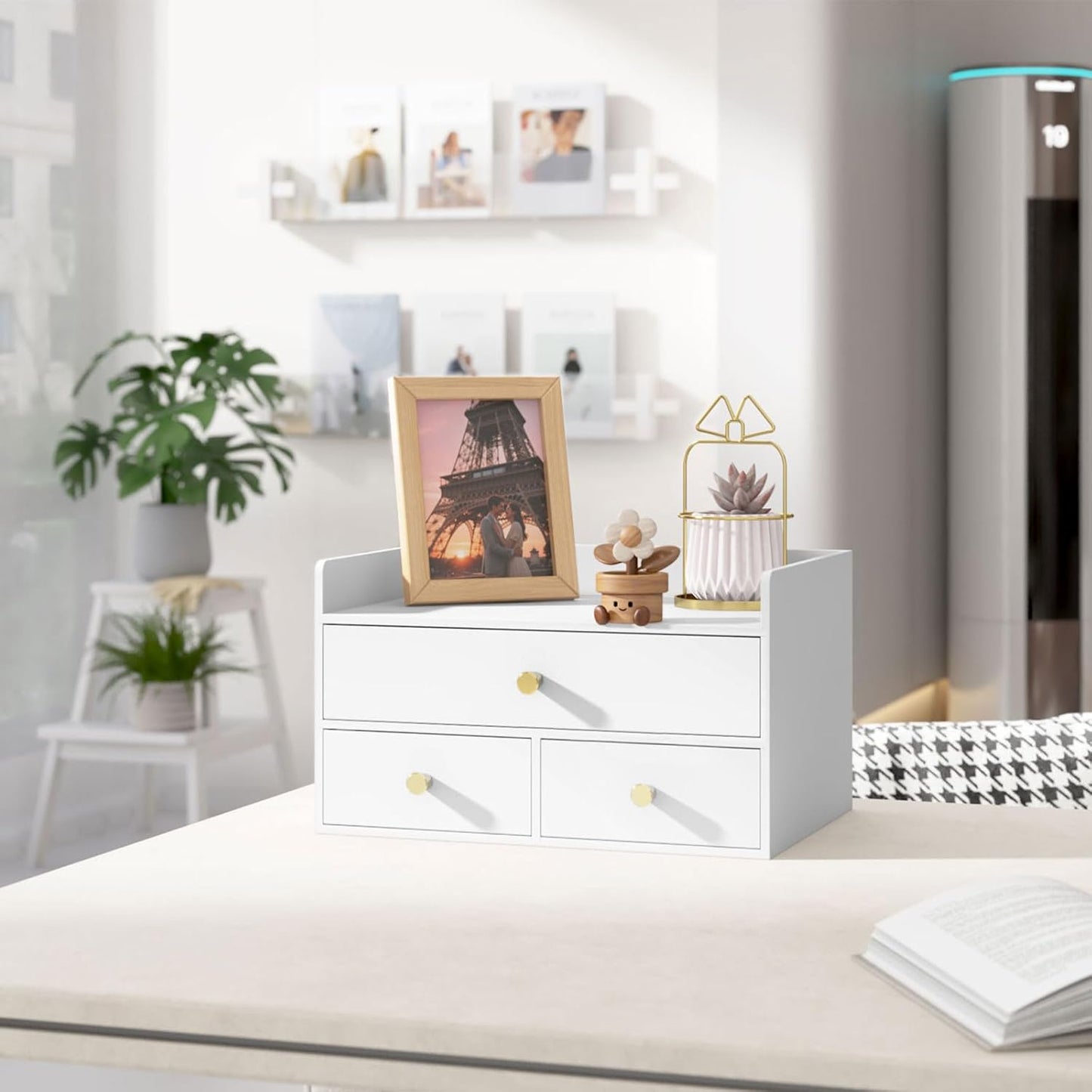 Bamboo Desk Organizer with Drawers Wooden Desktop Storage Organization Box for Bills Office Supplies Kitchen Utensils Organizing Tool for Home Classroom Vanity, No Assembly Required (3 Drawers, White)