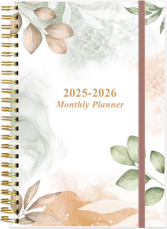 2025-2026 Monthly Planner - July 2025 - December 2026, Two Pages Per Month, 18 Monthly Calendar/Planner with Tabs, Strong Twin-Wire Binding, Inner Pocket, 6.4" x 8.5", Rose Leaf