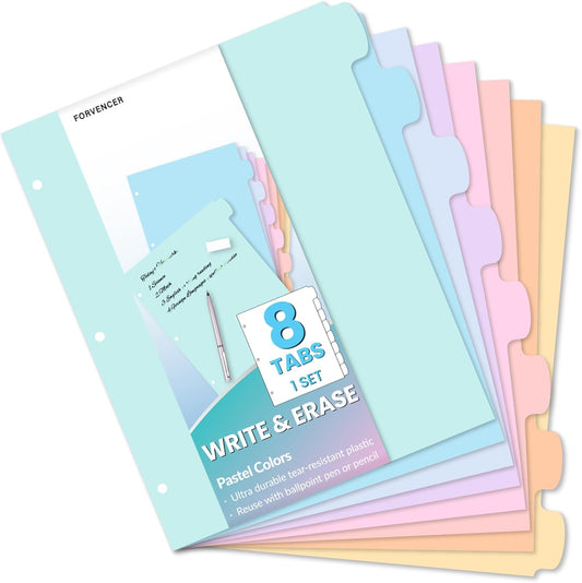 Forvencer 8-Tab Binder Dividers with Tabs, Big Tabs, Write&Erase Plastic Dividers for 3 Ring Binder, Binder Tabs for Organizers, 3 Ring Binder Dividers with Tabs for School Office (Pastels, 1 Set)