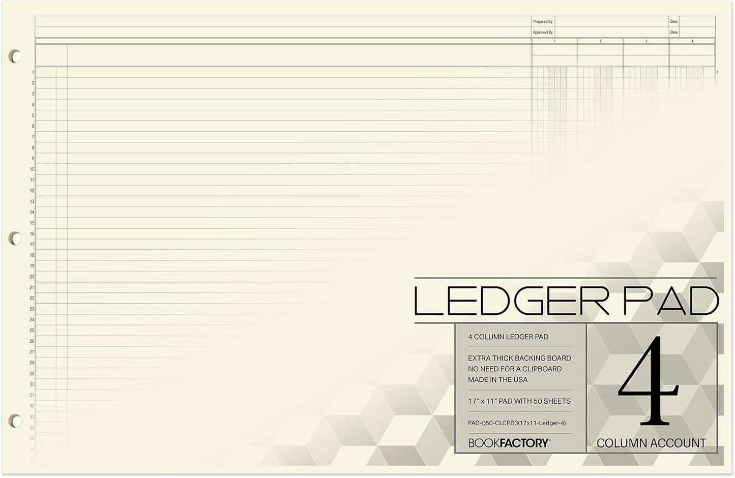 BookFactory Ledger Pad/Large 4 Column Accounting Ledger Columnar (Four Columns) Pads - 17'' x 11'', 50 Pages, Notepad Landscape Format (PAD-050-CLCPD3(17x11-Ledger-4)-AX)