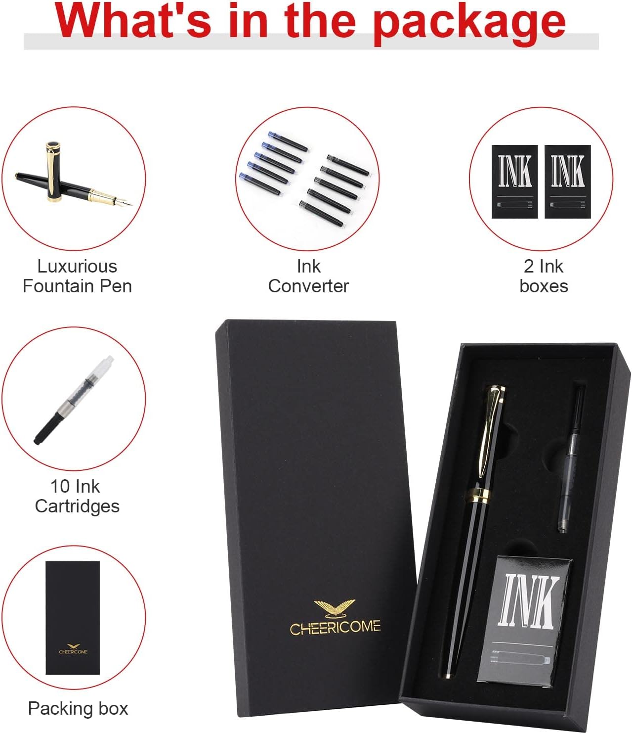 Cheericome Fountain Pen - Ink Pen for Smooth Writing - Exquisite Fountain pen gift set for Men & Women - Fountain Pen Fine Nib，Includes 10 Ink Cartridges and Ink Refill Converter - Black