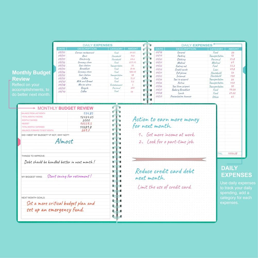 Budget Planner - 8" x 9.5" Monthly Budget Book with Expense Tracker Notebook, 2023-2024 Budgeting Book and Financial Planner to Control Your Money. Large Size, PU Leather, Teal