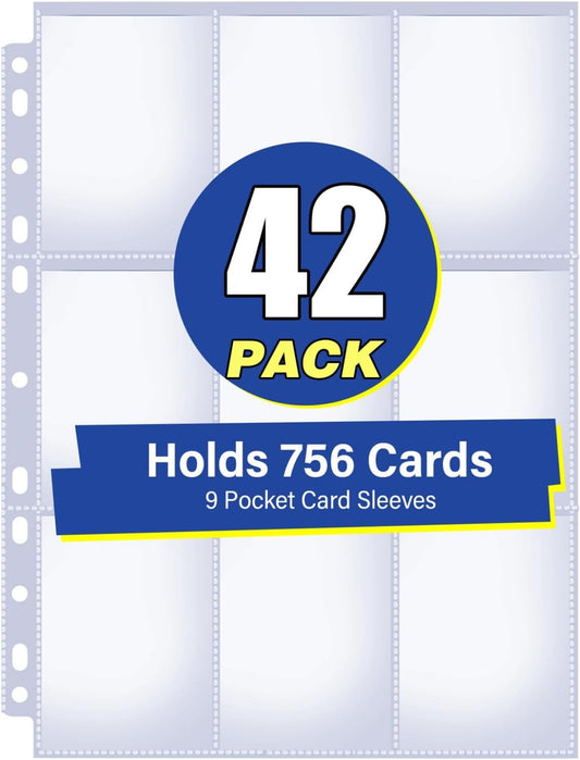 42 Pack 9 Pocket Double Side Card Sleeves Binder Sheets, Holds 756 Cards, Trading Card Binder Sleeves for 3 Ring Binder, Card Sleeve Pages for Baseball, Football, Business, TCG, Kpop Cards