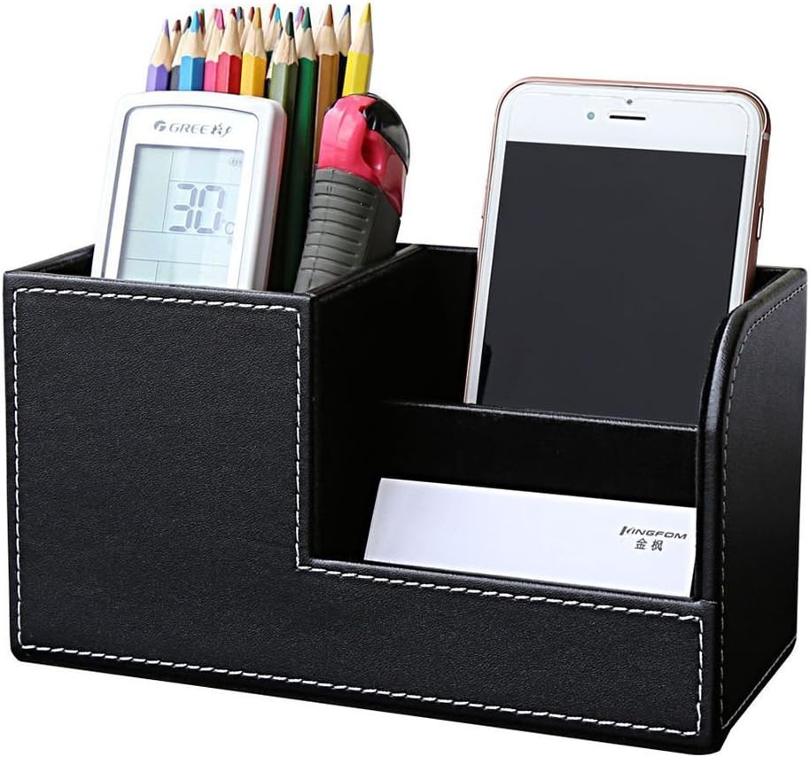 KINGFOM 3PCS/SET Desk Organizer Sets Leatherette Office Accessories Supplies Including Tissue Holder,Pencil Holder and Business Name Cards Stand Black