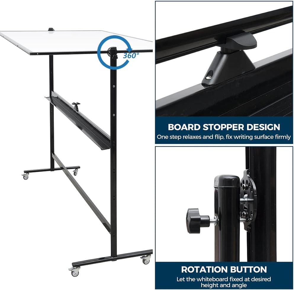 72" x 40" Height-Adjustable Mobile Whiteboard | Double-Sided Magnetic Dry Erase Board on 360° Rolling Stand | Large Reversible Black Whiteboard for Office, Classroom & Home