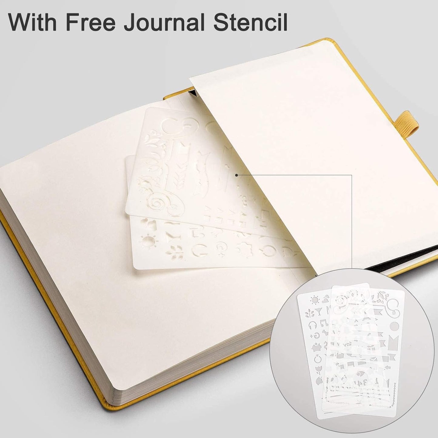 EMSHOI Dotted Journal Bullet Notebook, 256 Pages 120gsm Thick Dot Grid Notebook, A5 Hardcover Leather Journal with Stencils, 16 Perforated Pages, Pen Loop, Inner Pocket, 5.75"x8.38"-Yellow