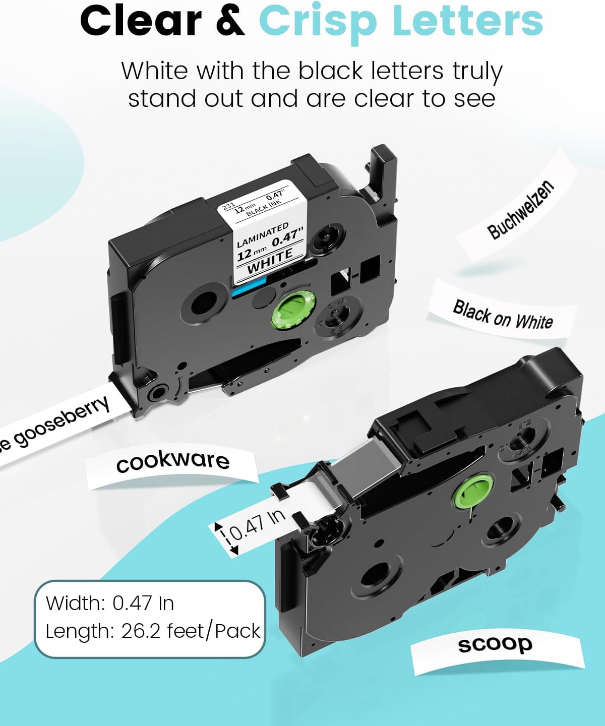 Replacement for P Touch Label Tape 12mm 0.47 Laminated White TZe-231 Compatible with Brother Label Maker Refills TZe231 TZ231 for PT-D200 PT-D210 H110 1280 2030, ½”(0.47”) x 26.2 ft. (8m), 20-Pack