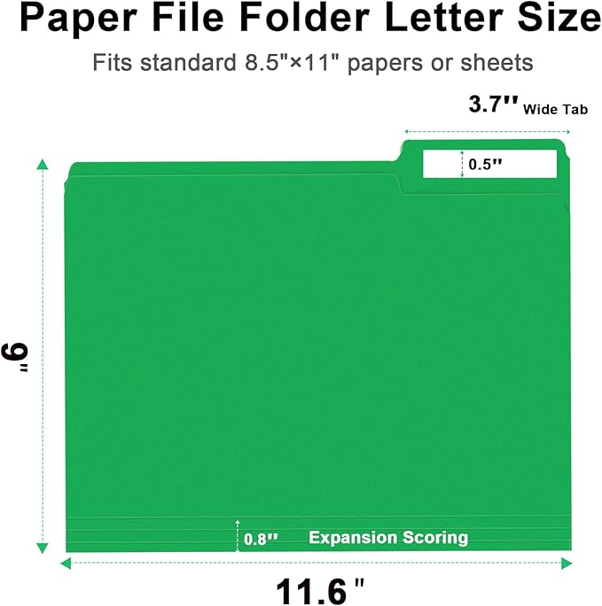 File Folder, RAZCC 150 Pack 1/3 Cut Tab File Folders Letter Size, Creen, Colored Folders with Tab Great for Organizing and Easy File Storage