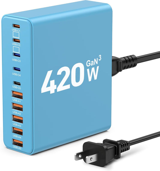 420W USB C Charger Block,10-Port Charging Station GaN Fast Charging Type C & USB A Wall Charger Adapter for MacBook Pro/Air,iPhone,iPad,Dell XPS,Samsung Galaxy(Blue)