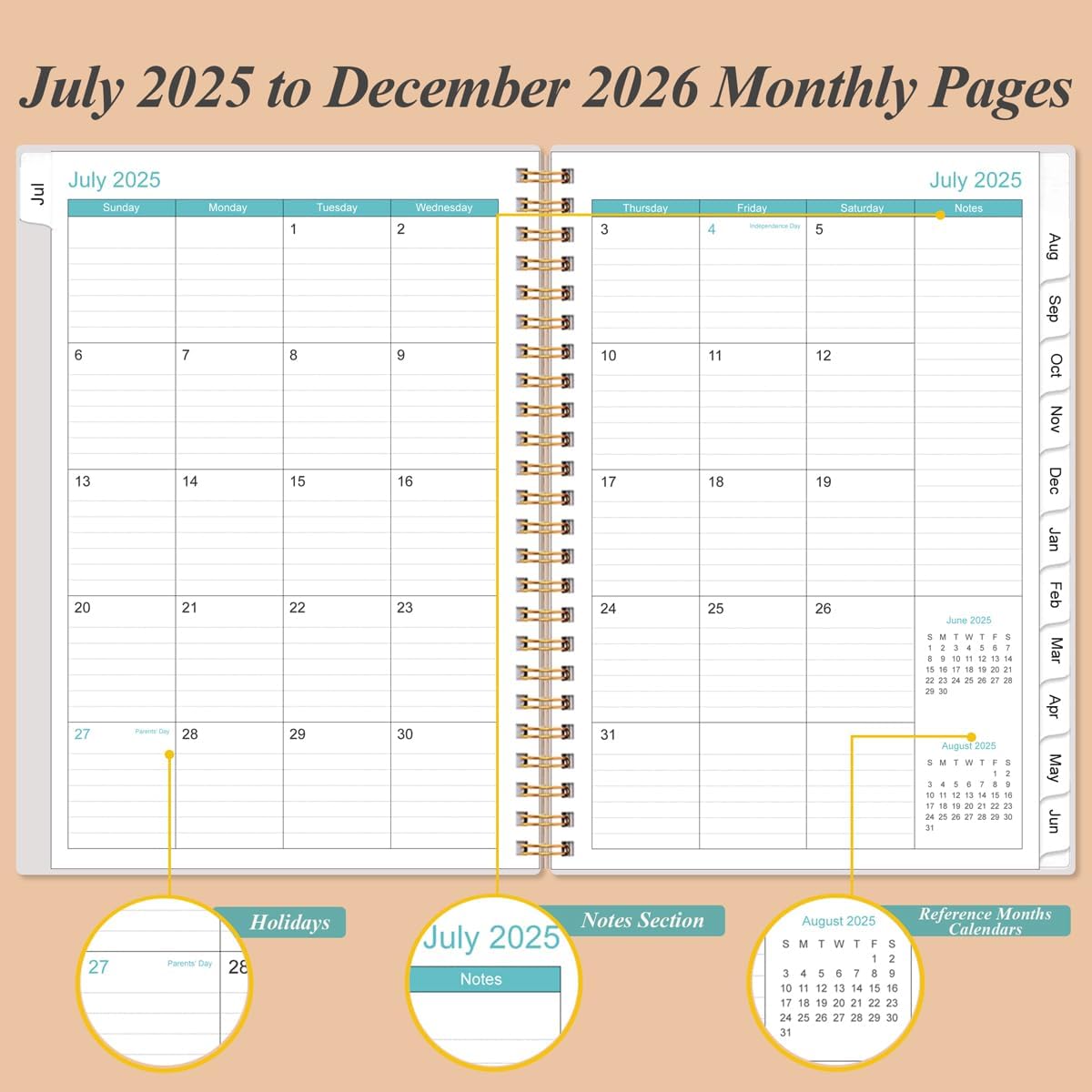 2025-2026 Monthly Planner - July 2025 - December 2026, Two Pages Per Month, 18 Monthly Calendar/Planner with Tabs, Strong Twin-Wire Binding, Inner Pocket, 6.4" x 8.5", Rose Flowers
