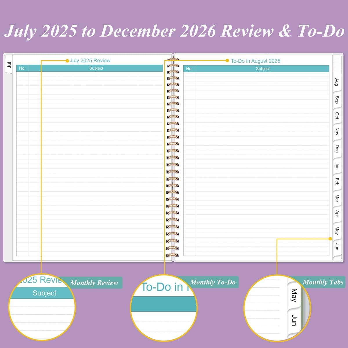 2025-2026 Monthly Planner - 18 Monthly Calendar, July 2025 - December 2026, Two Pages Per Month, 9" x11" Planner with Tabs, Inner Pocket, Purple