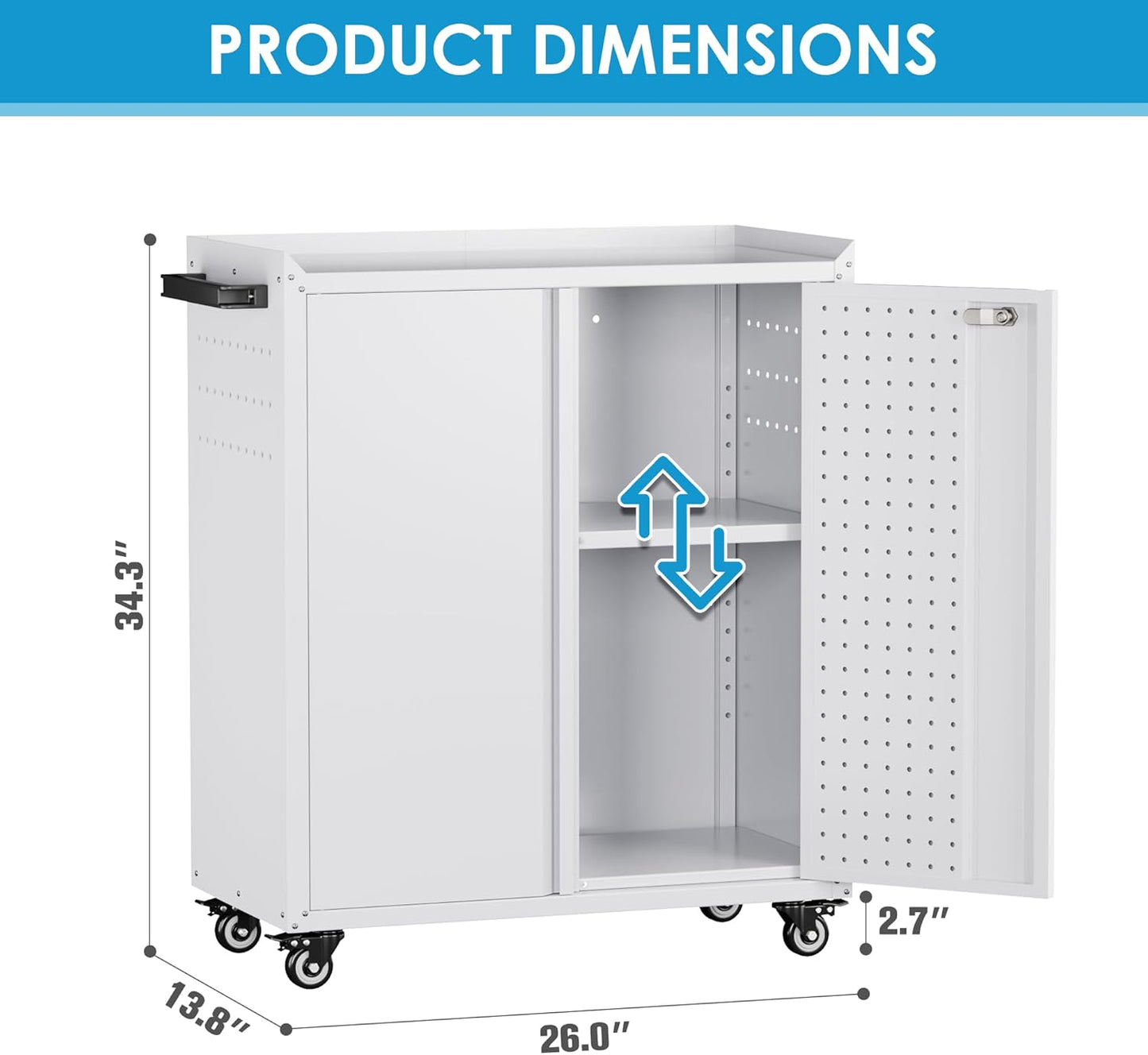 Aobabo 34.3" H Garage Storage Cabinet with Wheels,Lockable Metal Storage Cabinet with 2 Doors for Garage Home Office Storage,White,Assembly Required