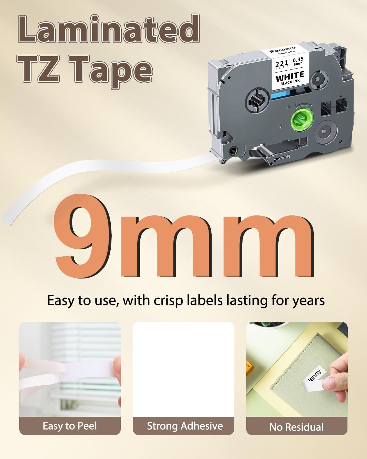 TZe-221 TZ Tape 9mm 0.35 Laminated White Compatible with Brother Label Maker Tape TZe-221 PTouch 3/8" Work with Brother PTouch D220 PTD210 PTH110 PTH111 PTP710BT PTD400 Cube, 6-Pack