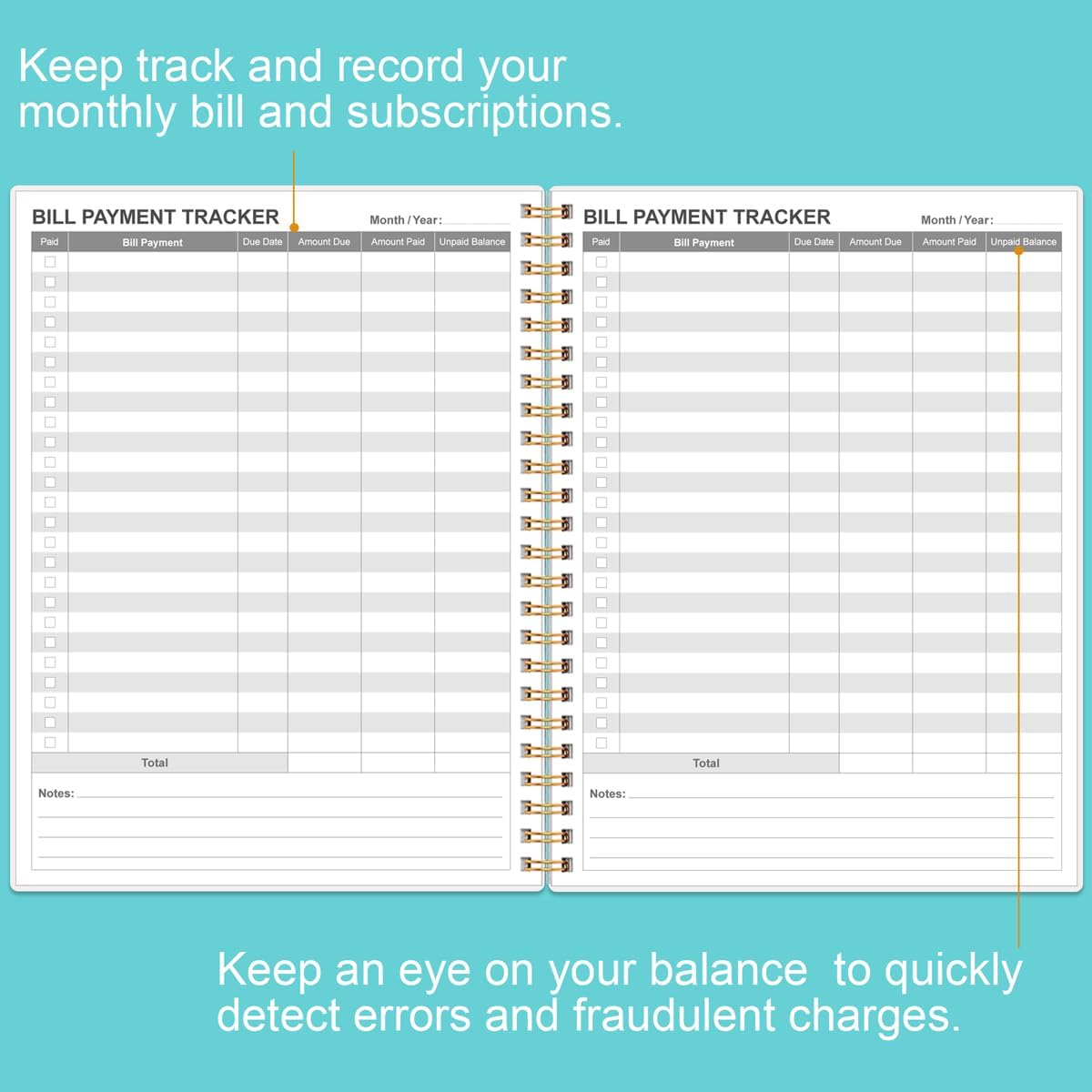 Bill Payment Tracker Notebook - Monthly Bill Organizer & Planner for Personal Budgeting Financial, Payments Checklist Organizer, 8" x 10.5", Teal Floral