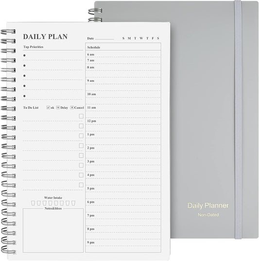 Daily Planner Undated, Asten To Do List Notebook Hourly Schedules Spiral Appointment Planner for Men and Women,PVC Hardcover,Elastic Closure, Inner Pocket 8.3" x 5.8" (Gray)