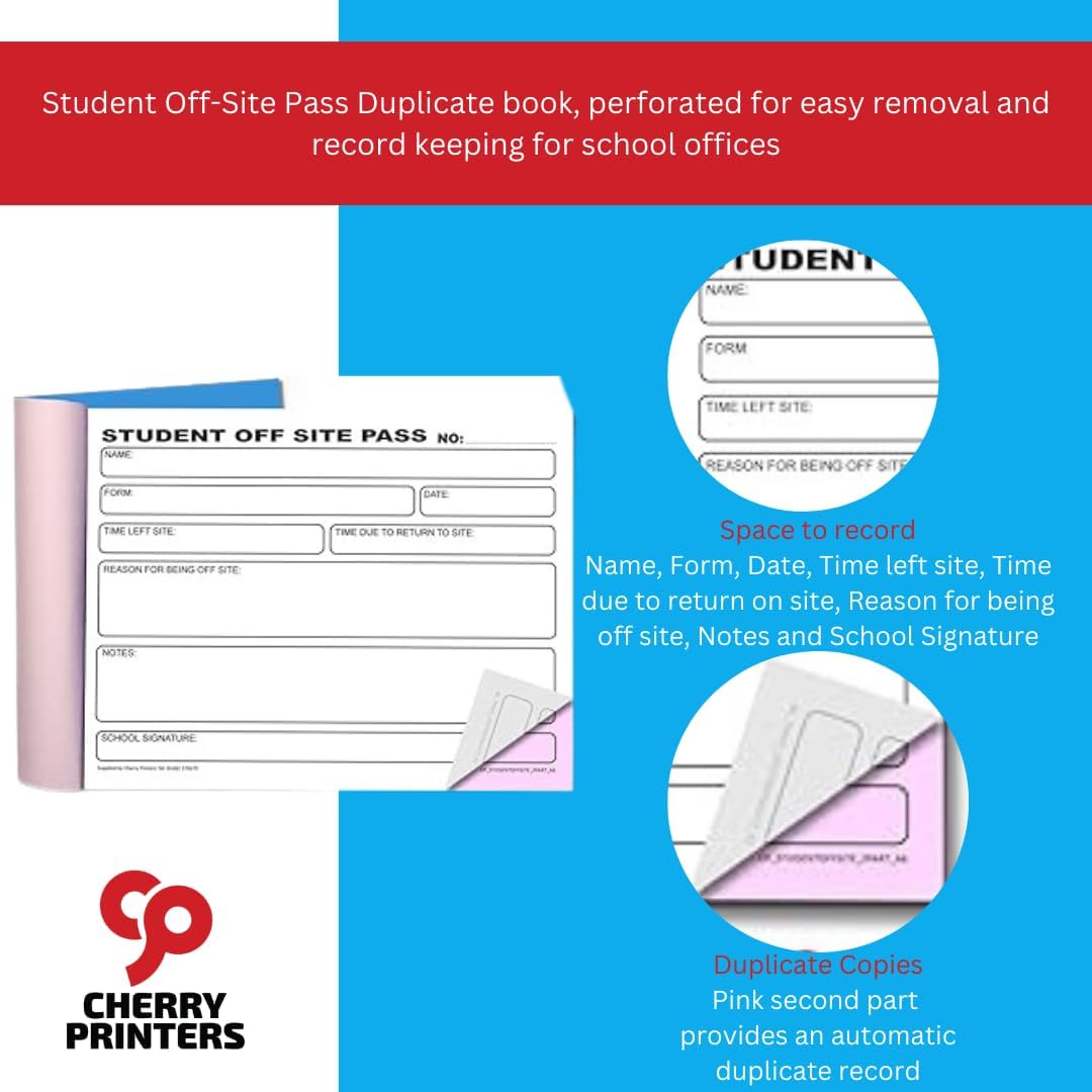 Cherry | Carbonless NCR | School Student Off Site Pass | 2pt Book | A6 (4.1 x 5.8 Inches) | 50 Sets |