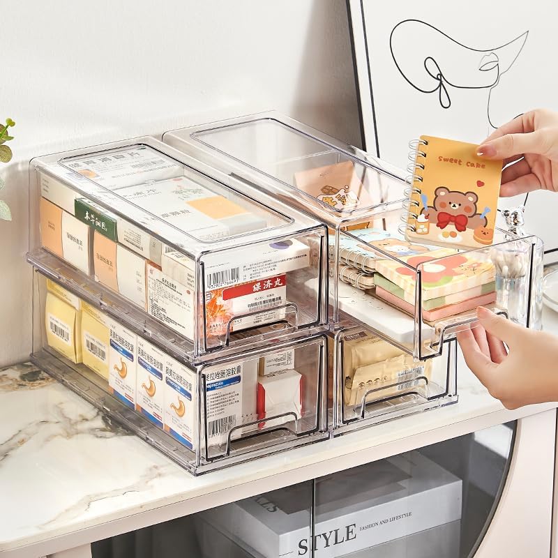 clear Drawer-Type Plastic Storage Box Bins Organizer，Family First Aid Kits Medicine cabinet Box Organizer,Closet ，Shelf，Ointments, Adhesive Bandages，Cosmetics,Office Items (clear, 2M)