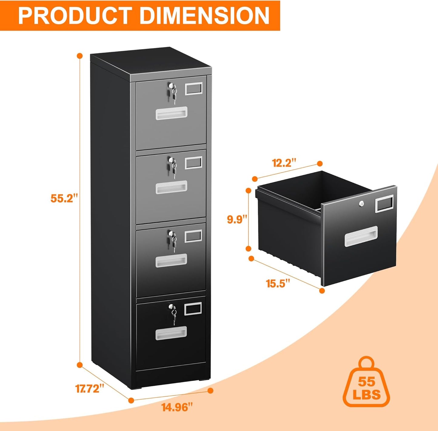 Aobabo 4 Drawer File Cabinet, Metal Filing Cabinet with Lock, Suitable for Home Office School Hanging Files Letter/Legal/A4 Size,Black,Required-Assembly,17.72" D x 14.96" W x 55.2" H